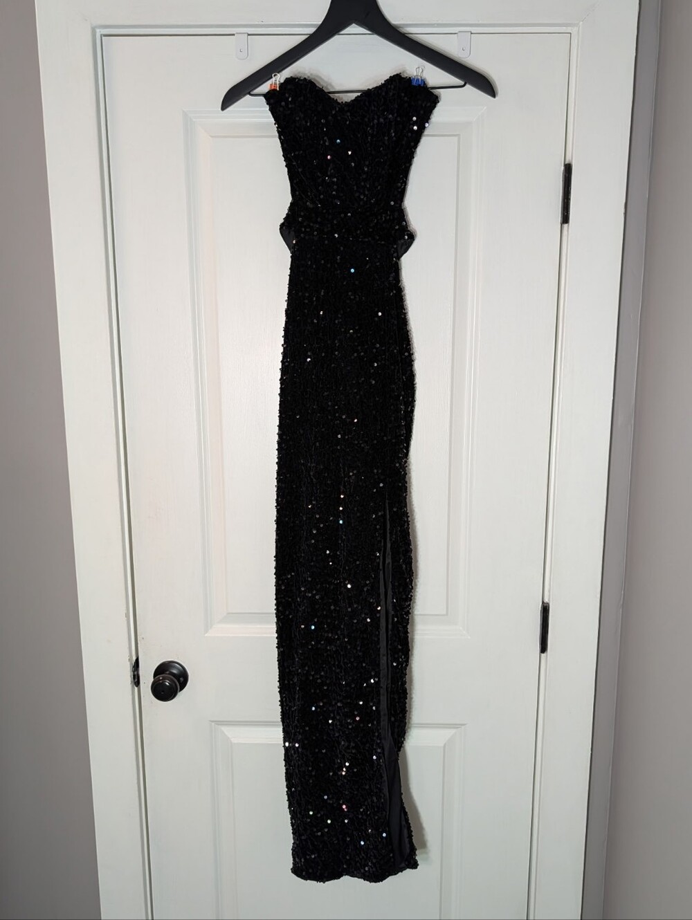 Elegant Black Sequin Strapless Evening Gown Maxi Open Back Dress